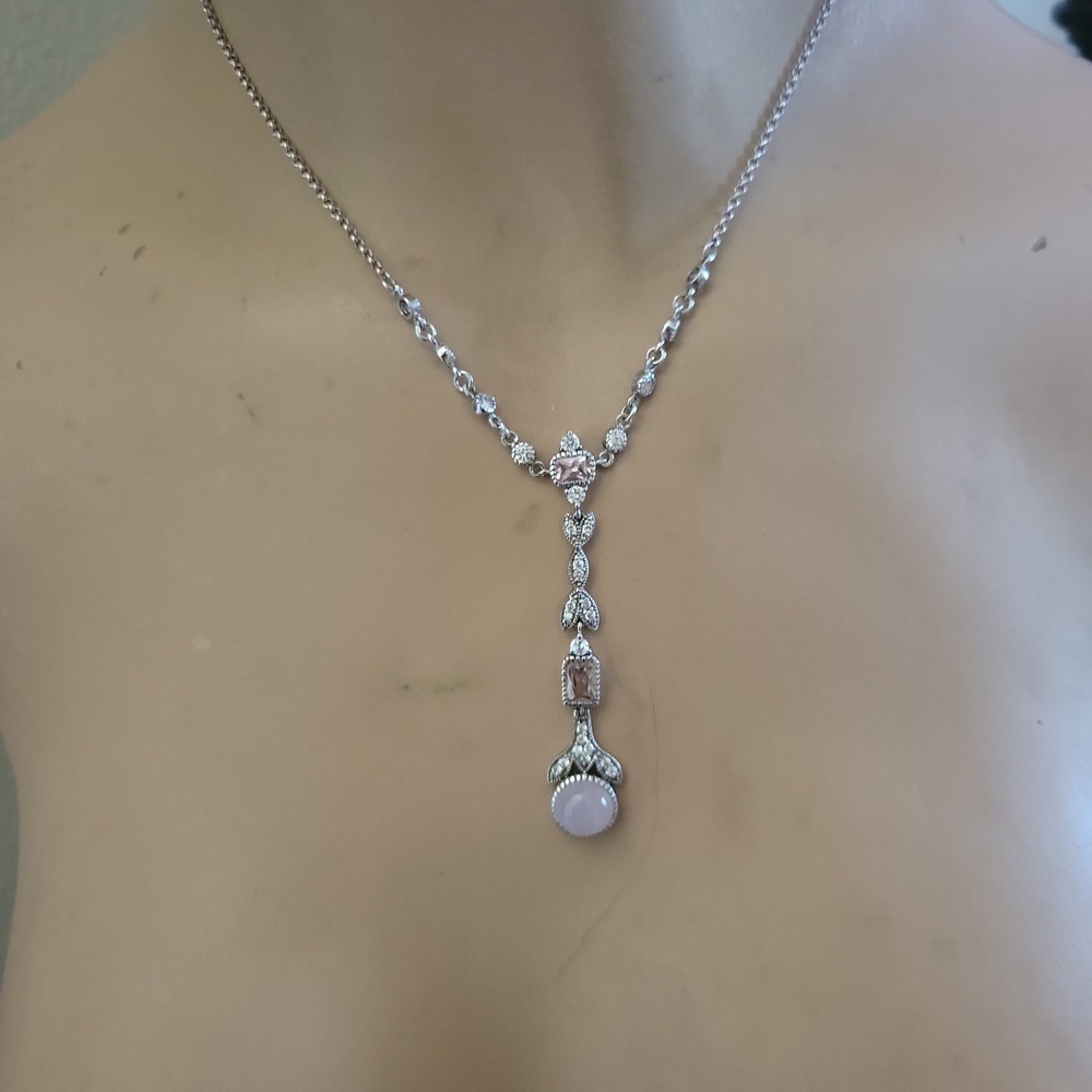 925 Sterling Silver Pink CZ Drop Y Necklace Size 16-18" Coquette Y2K